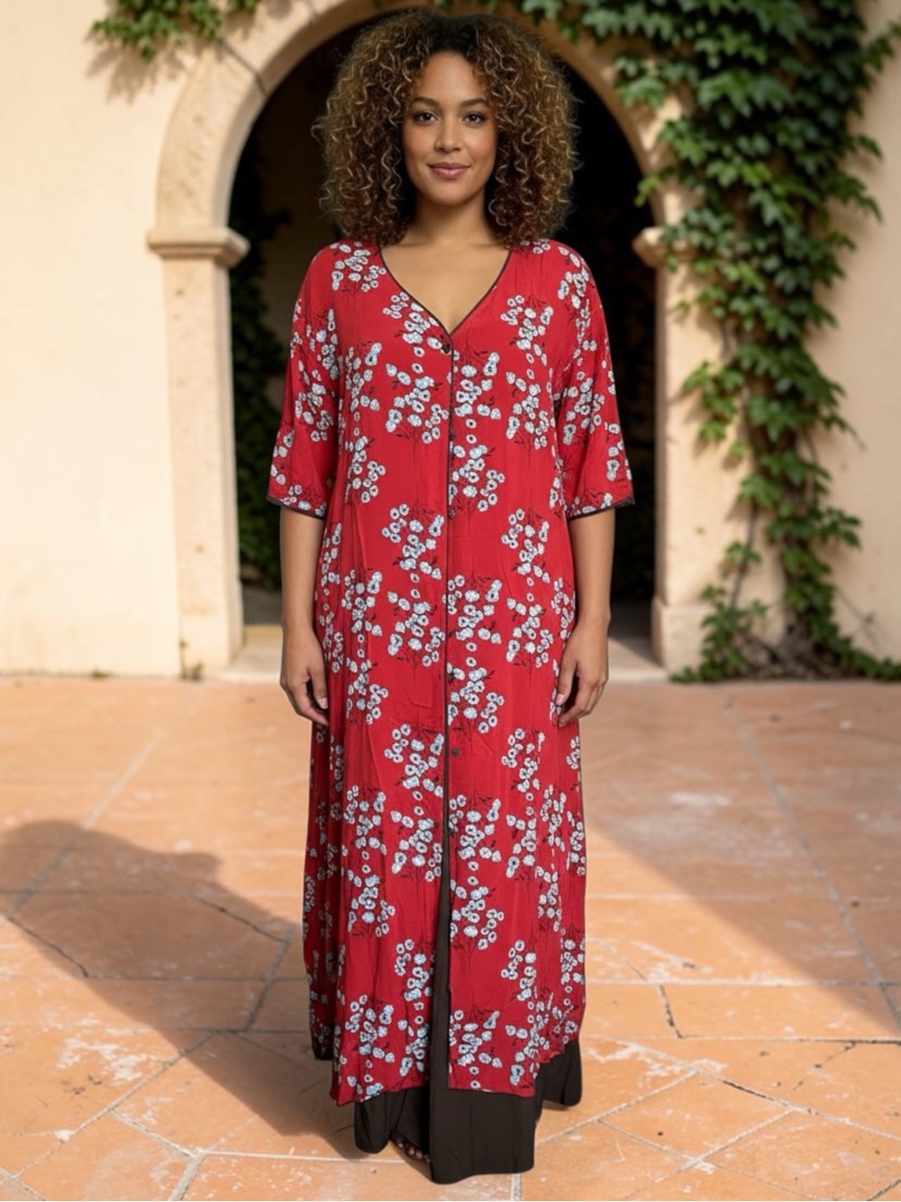 Red Floral Kimono Duster Coat Jacket